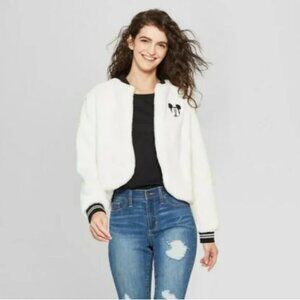 DISNEY White Faux Fur Mickey Bomber Jacket Coat Size Small